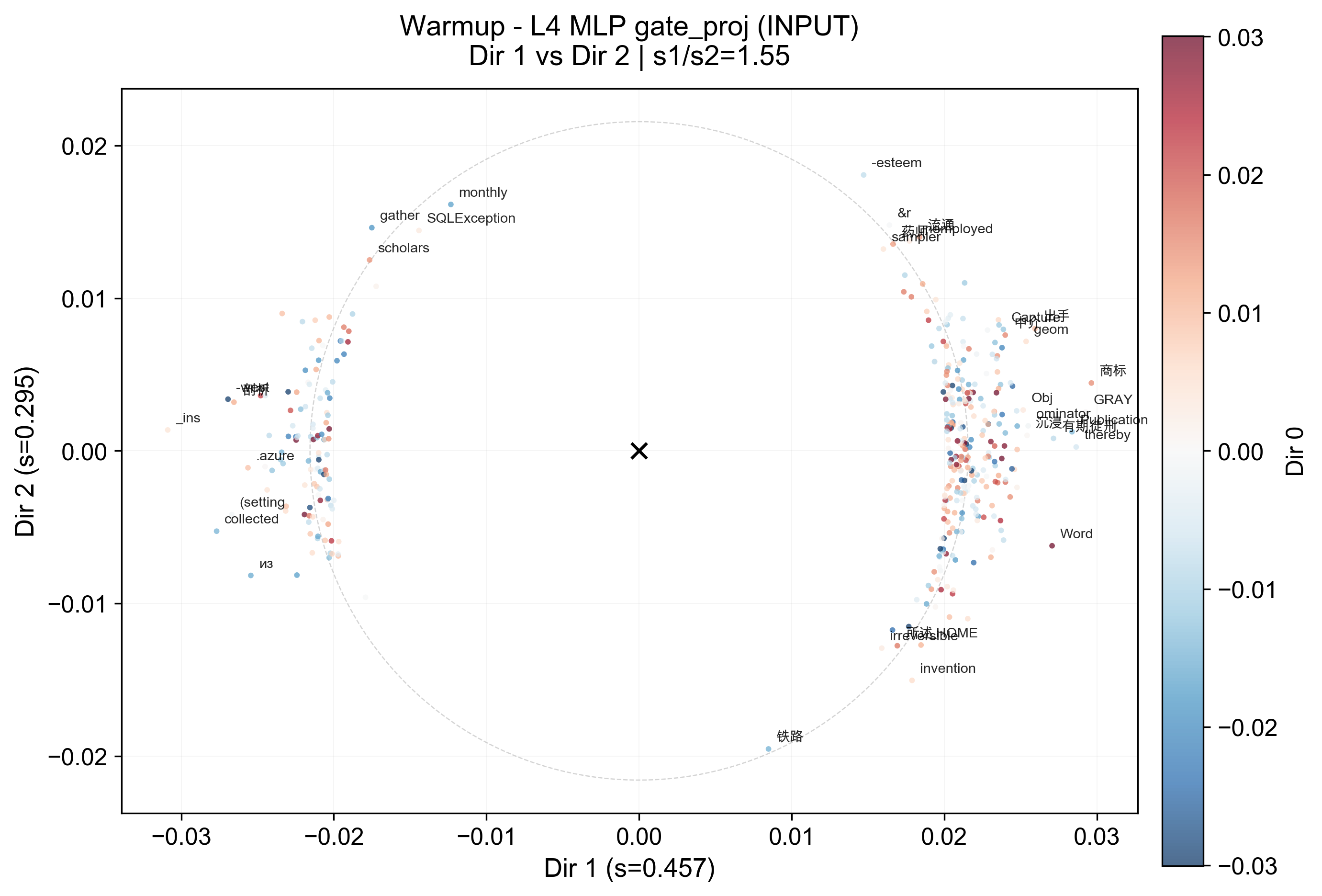 Warmup model token projections showing noisy/junk patterns